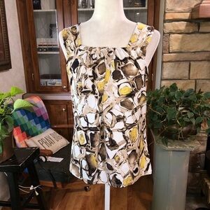 DANA BUCHMAN SIZE XSMALL BROWN YELLOW AND TAN ABSTRACT PATTERN WIDE STRAP BLOUSE